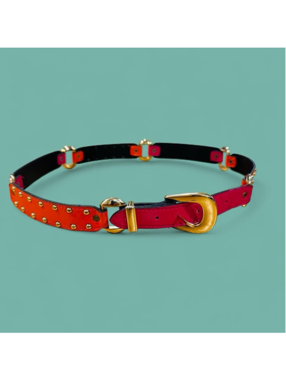 Colorblock Leather Studded Concho Belt Pink Orange Western Festival Boho 32”